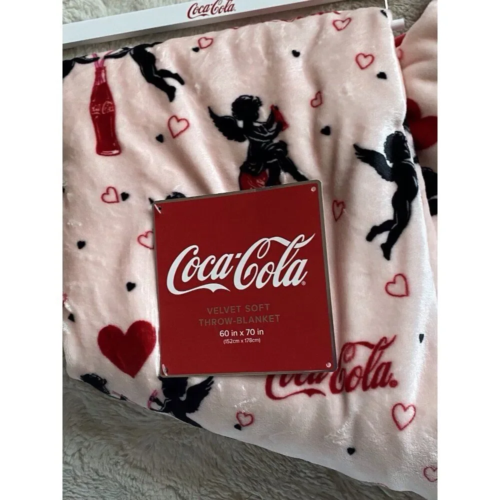 Coca Cola Can Pink Valentines Cupid Hearts Velvet Soft Throw‎ Blanket 60 X 70”